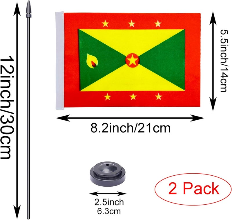 WXTWK 2 Pack Grenada Flag Grenada Deluxe Desk Flag Set - Mini Small Grenada Table Office Flags with Black 12" Solid Pole Stand Base Classroom Meeting Desktop Decorations - Image 2